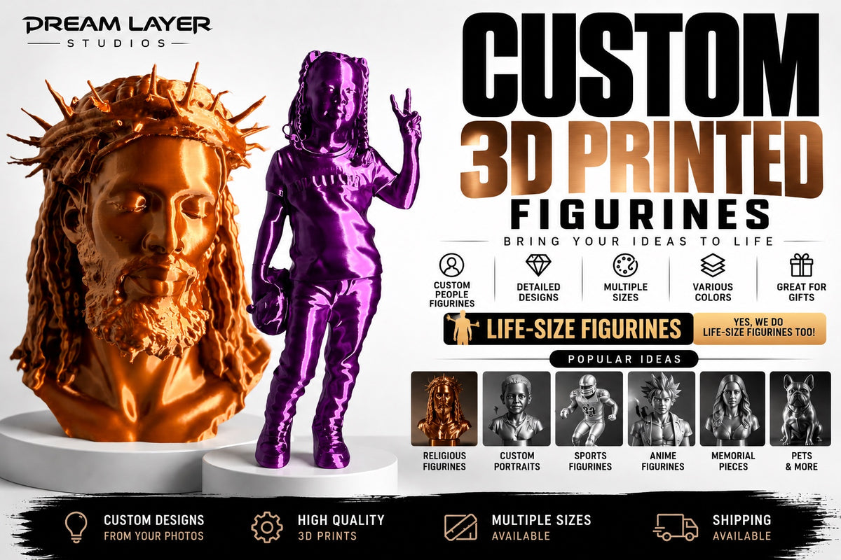 Dream Layer Studios custom 3D printed figurines – copper Jesus bust and purple custom portrait figurine