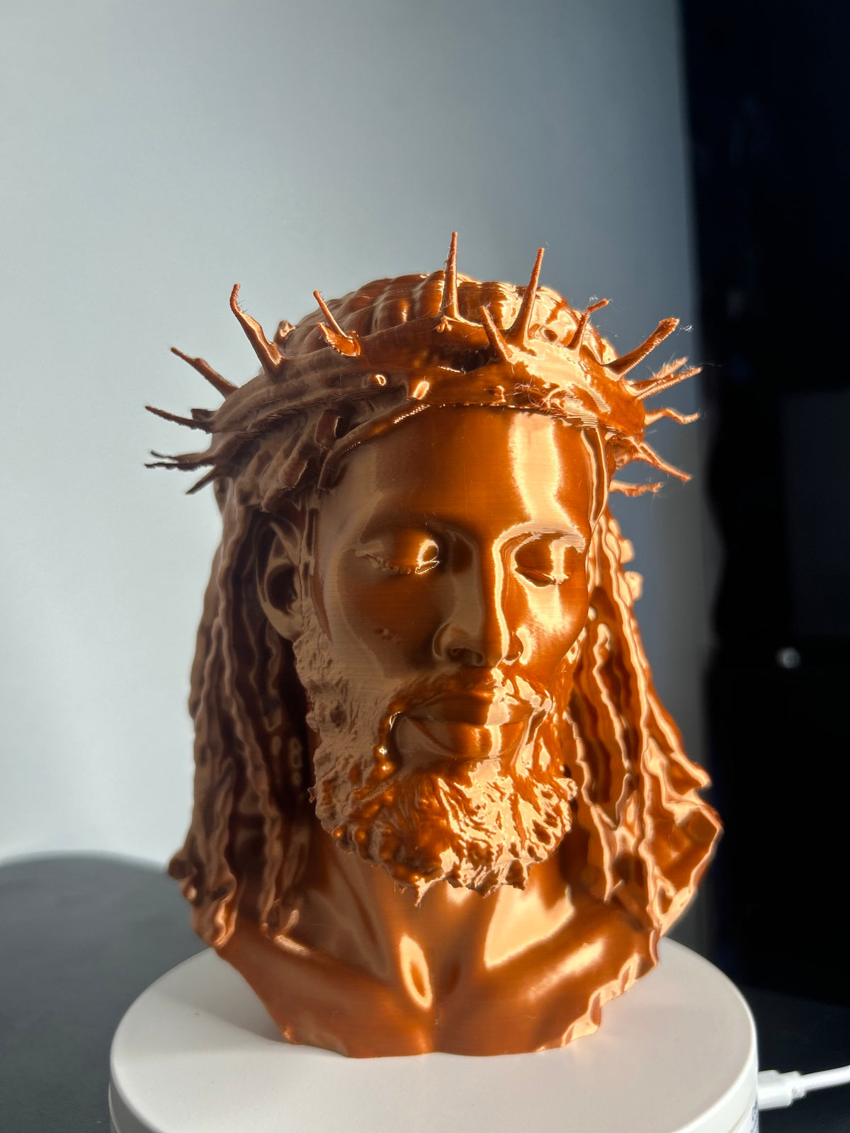 3D printed Jesus bust with crown of thorns, metallic copper finish