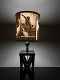 Spider-Man inspired custom 3D-printed lampshade by Dream Layer Studios, city-swinging panel with SPIDER-MAN title, lit up (image 1 of 4)
