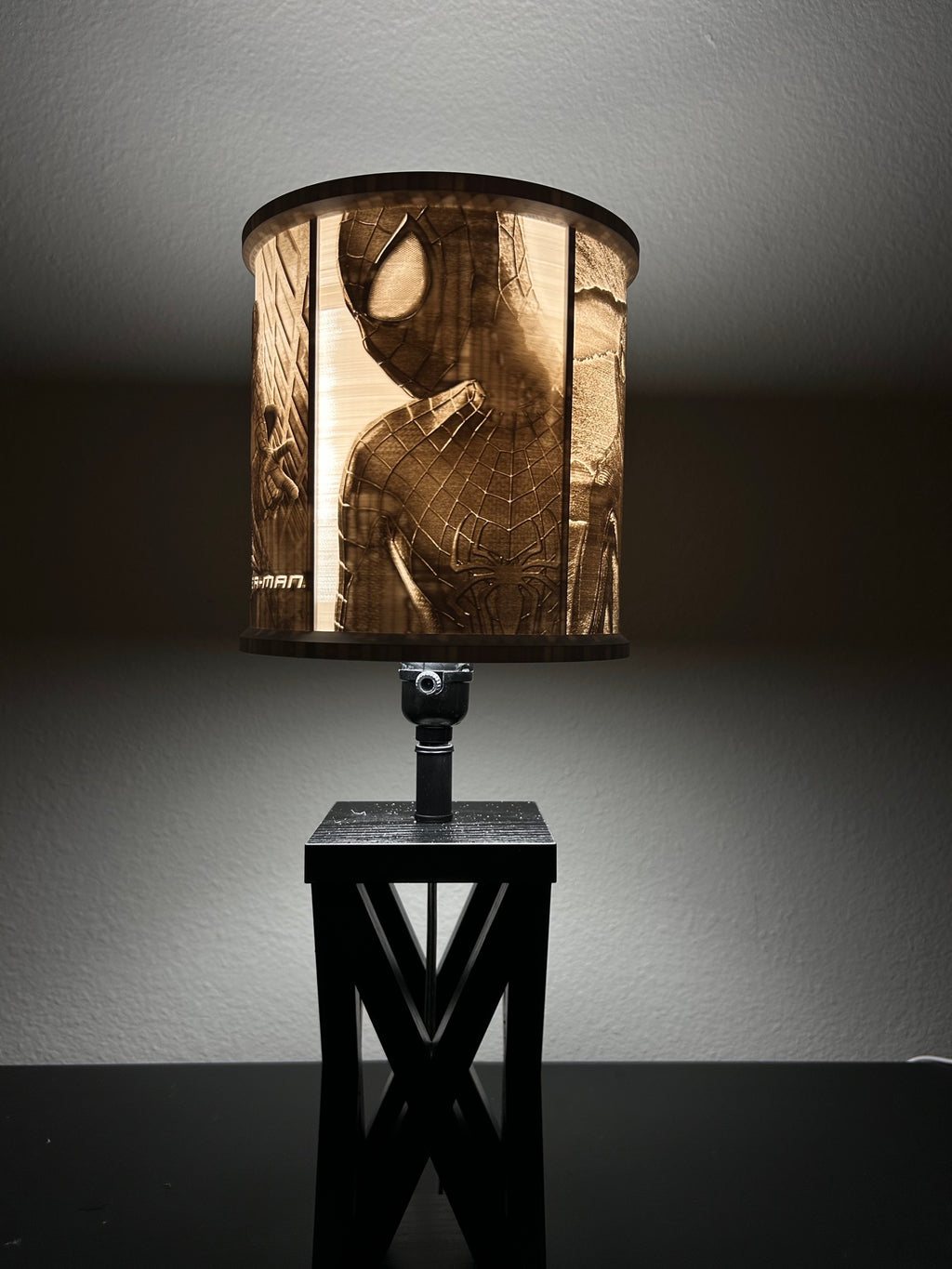 Spider-Man inspired custom 3D-printed lampshade by Dream Layer Studios, close-up mask portrait panel (image 2 of 4)