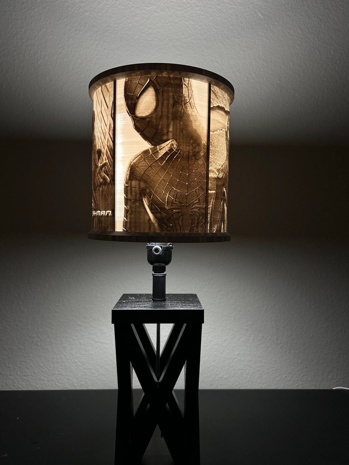 Spider-Man inspired custom 3D-printed lampshade by Dream Layer Studios, close-up mask portrait panel (image 2 of 4)