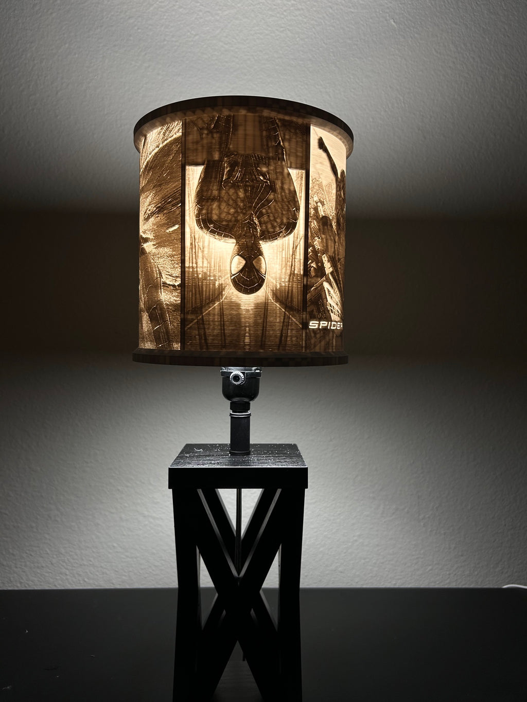 Spider-Man inspired custom 3D-printed lampshade by Dream Layer Studios, upside-down hanging pose panel (image 4 of 4)